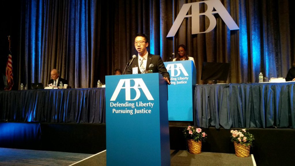 Thomas Kim addressing the ABA House of Delegates
