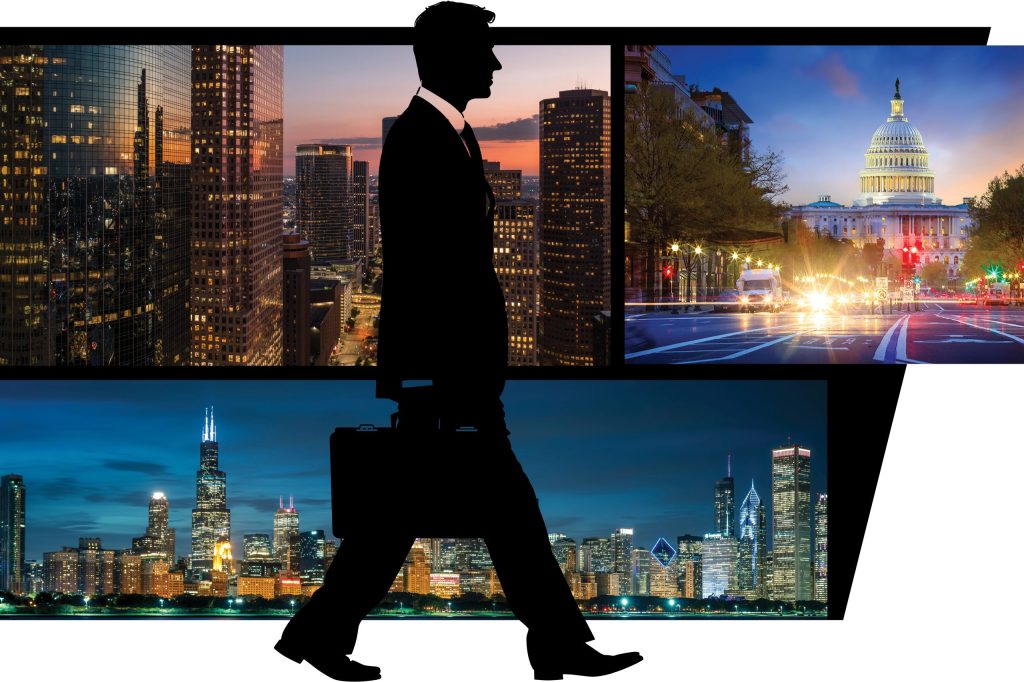 Lawyer walking in front of city landscapes.