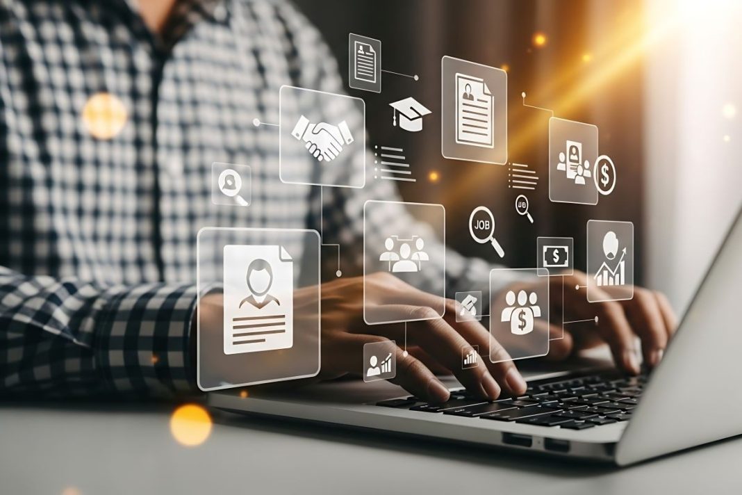 young professional man doing a job search on a laptop