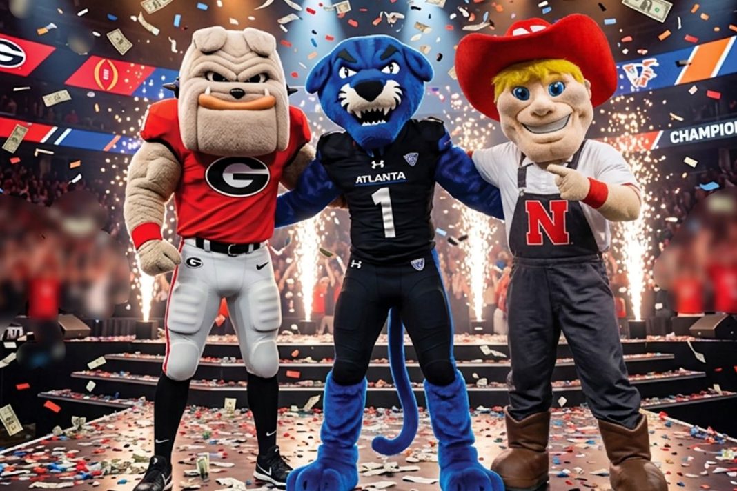 mascots from law schools posing in celebration