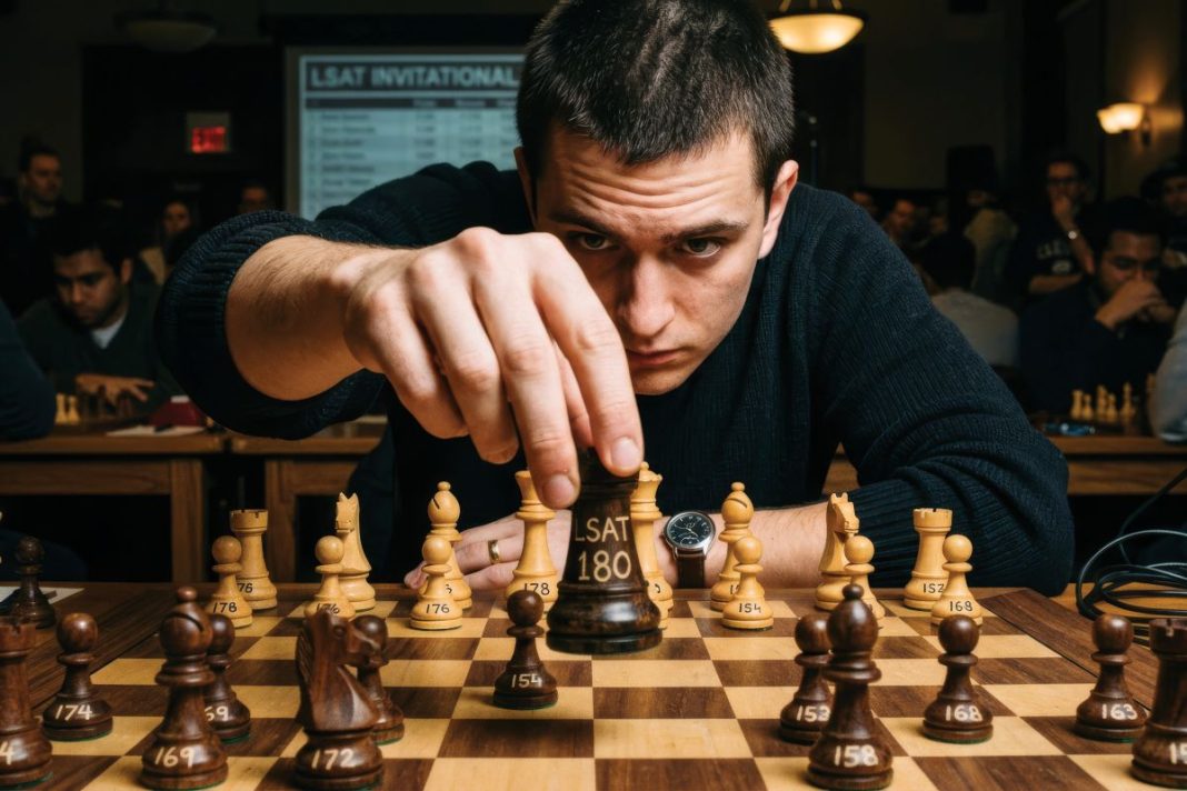 law student playing chess with LSAT score on chess piece